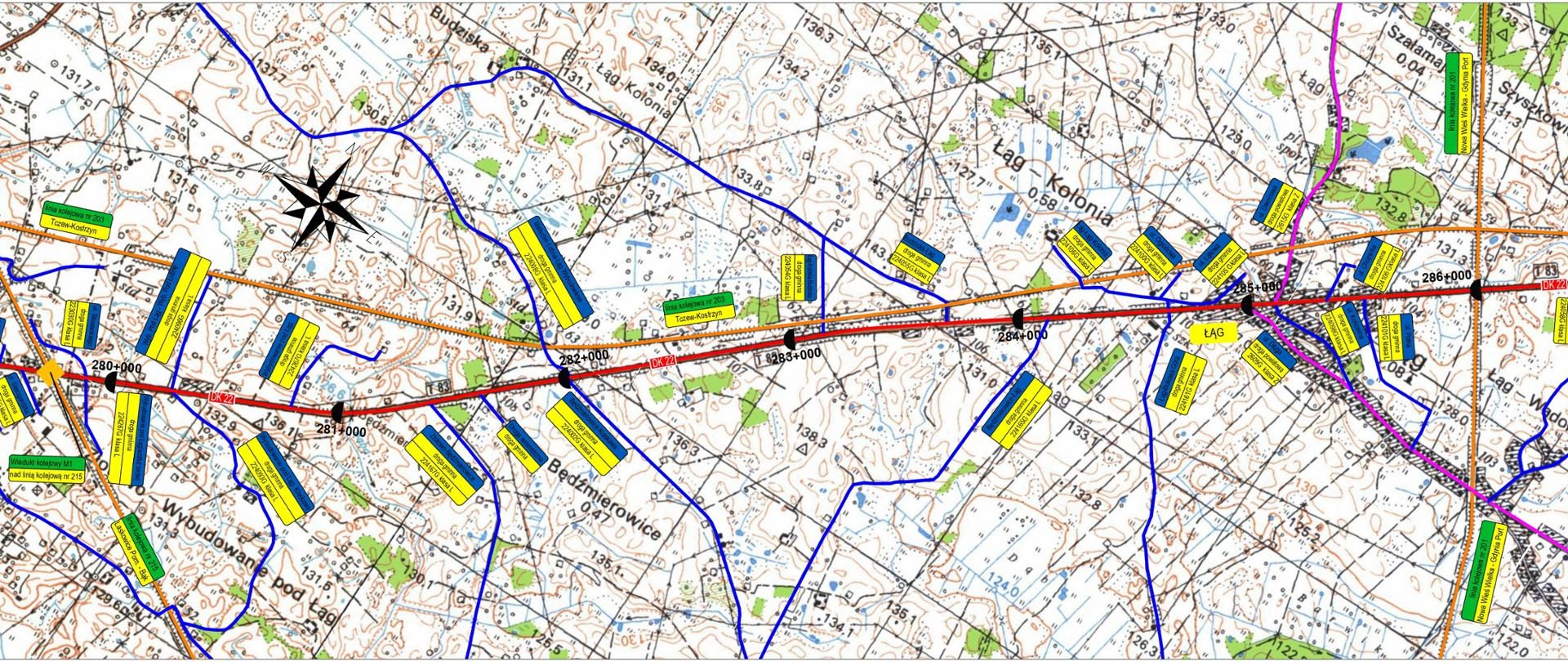 Mapa przedstawiająca plan orientacyjny (planowany przebieg) drogi krajowej nr 22 na odcinku między Czerskiem a Czarną Wodą