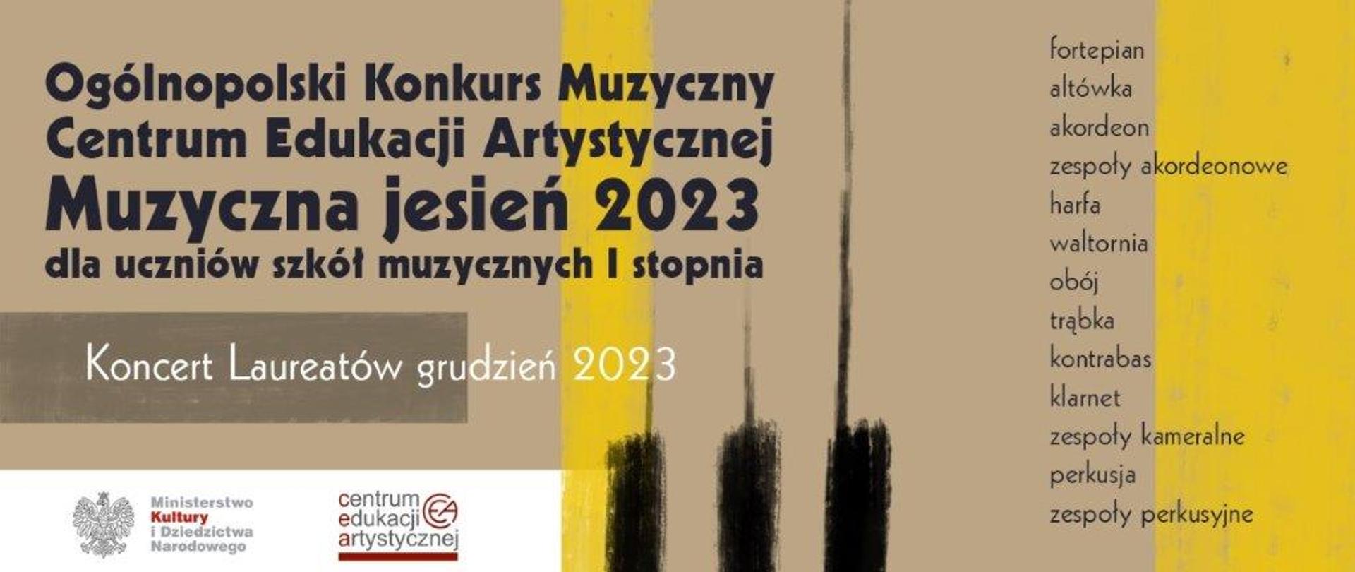 Grafika kawowo-żółta z logotypami CEA i MKIDN na dole z i ikonografią klawiatury fortepianu i tekstem "Ogólnopolski Konkurs Muzyczny CEA „Muzyczna Jesień” dla uczniów szkół muzycznych I stopnia"